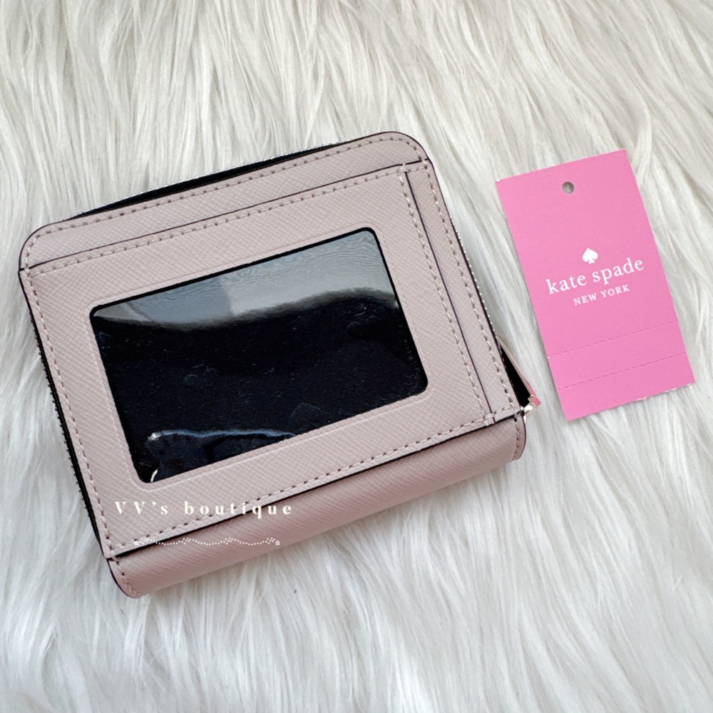 NWT Kate Spade Staci Small Zip Around Leather Wallet Warm Beige Black WLR00636 - Picture 2 of 5